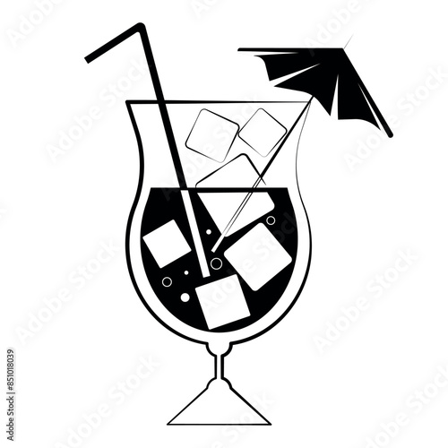 Black and white illustration of a cocktail. Blue lagoon, rainbow, pina colada, mai tai, sex on the beach, cosmopolitan