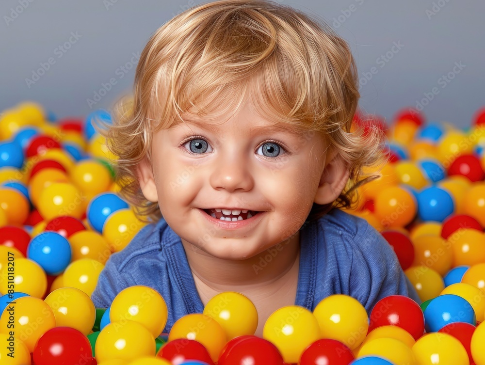 Young Child's Joyful Playtime in Colorful Ball Pit Young Child's Joyful Playtime in Colorful Ball Pit