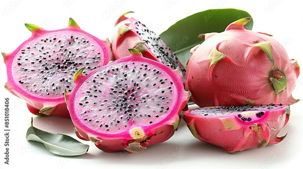 Dragon fruit cut in two, resting on white plate with accompanying green foliage Dragon fruit cut in two, resting on white plate with accompanying green foliage