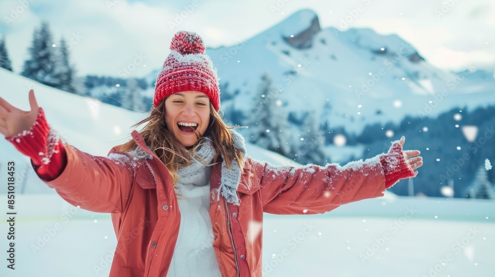 Woman with open arms and a joyful expression is enjoying a snowy mountain landscape, wearing winter clothes Woman with open arms and a joyful expression is enjoying a snowy mountain landscape, wearing winter clothes