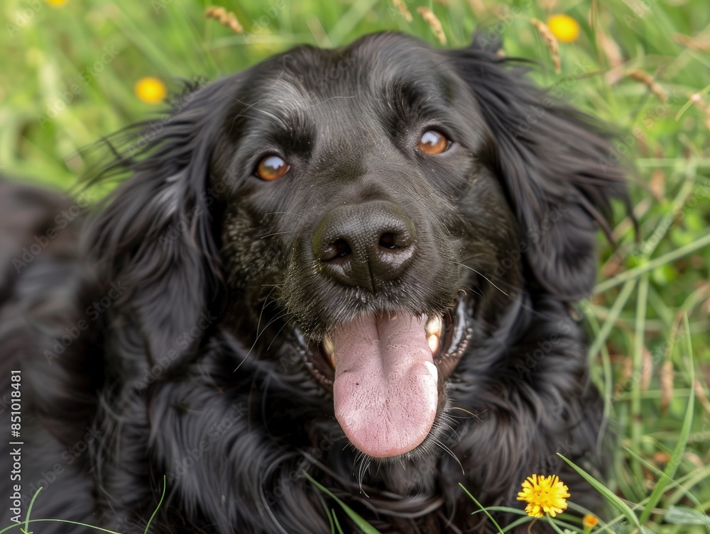 Black Dog with Tongue Out, Smiling on Green Grass Amidst Yellow Flowers Black Dog with Tongue Out, Smiling on Green Grass Amidst Yellow Flowers