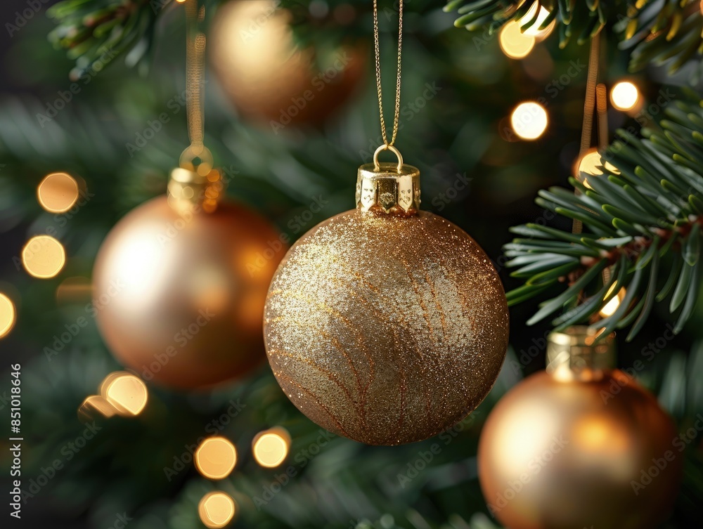 Three Golden Ornaments Hanging from Pine Tree Three Golden Ornaments Hanging from Pine Tree