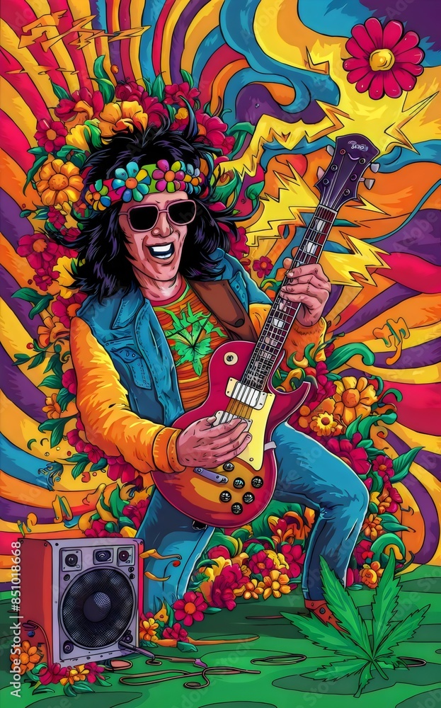 Fototapeta premium a psychedelic, cartoon illustration of of a 1970s, rockstar, gig poster, acid trip, drugs, marijuana, drugs, music, rock and roll, hippie, lightning bolts, flowers, Trippy, Vibrant, Groovy, Colorful, 