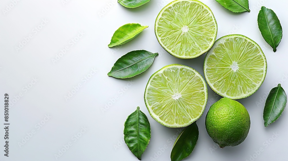 A cluster of limes surrounded by green foliage on a white background with a soft blue background A cluster of limes surrounded by green foliage on a white background with a soft blue background