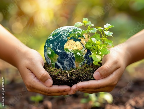 Hands Holding a Mossy Globe Plant in Nature