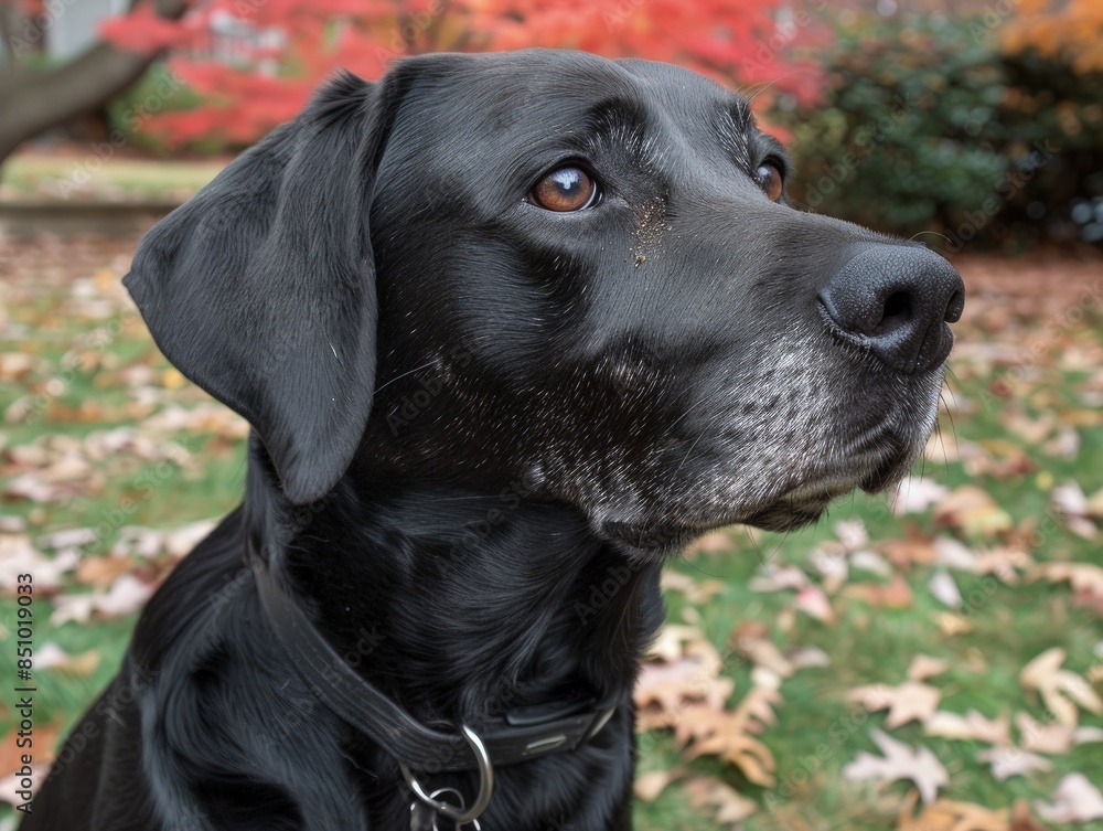 Curious Black Dog Observing Garden Scenery Curious Black Dog Observing Garden Scenery