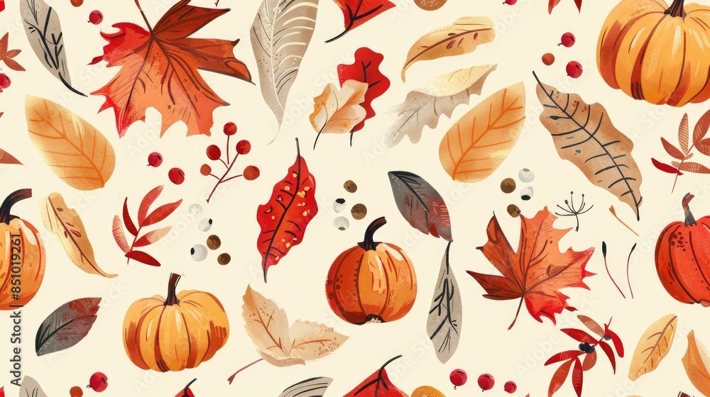 Obraz premium Capture the essence of fall with a beautifully crafted illustration in a hand drawn style creating a seamless pattern