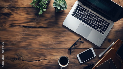 Office desk with laptop smartphone and coffee on wooden table