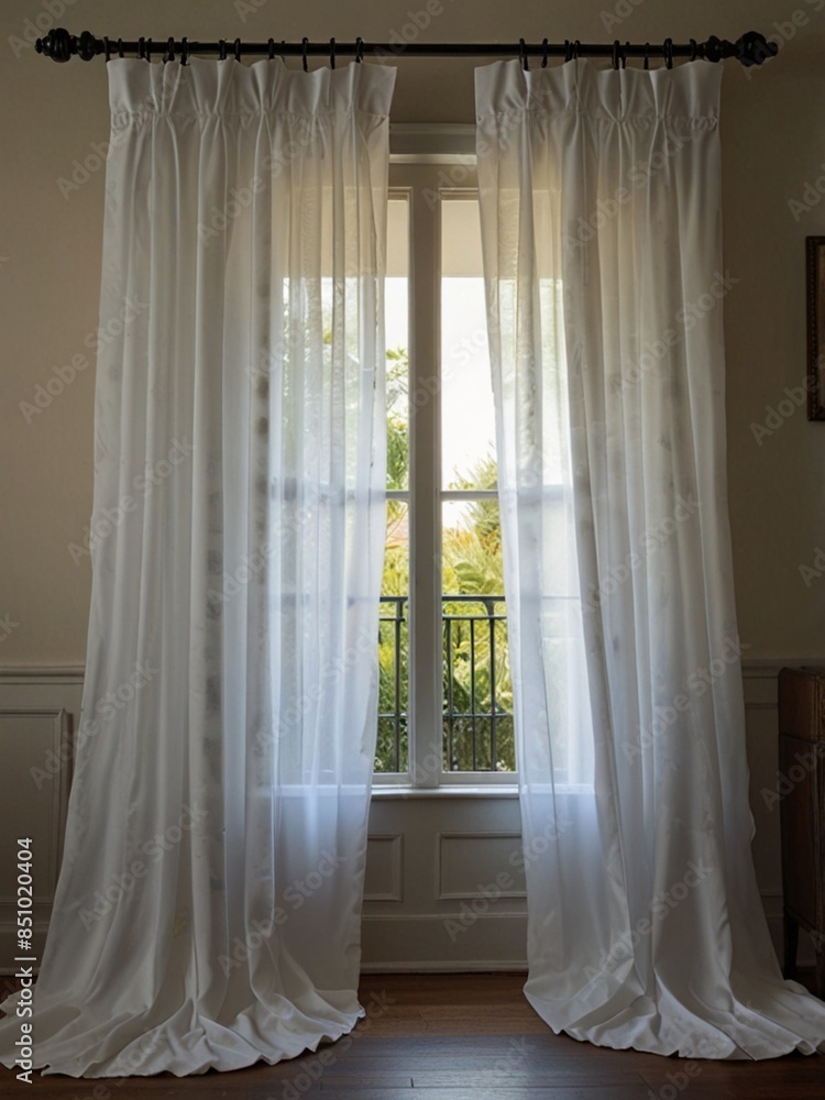 Long white curtains on the window Long white curtains on the window