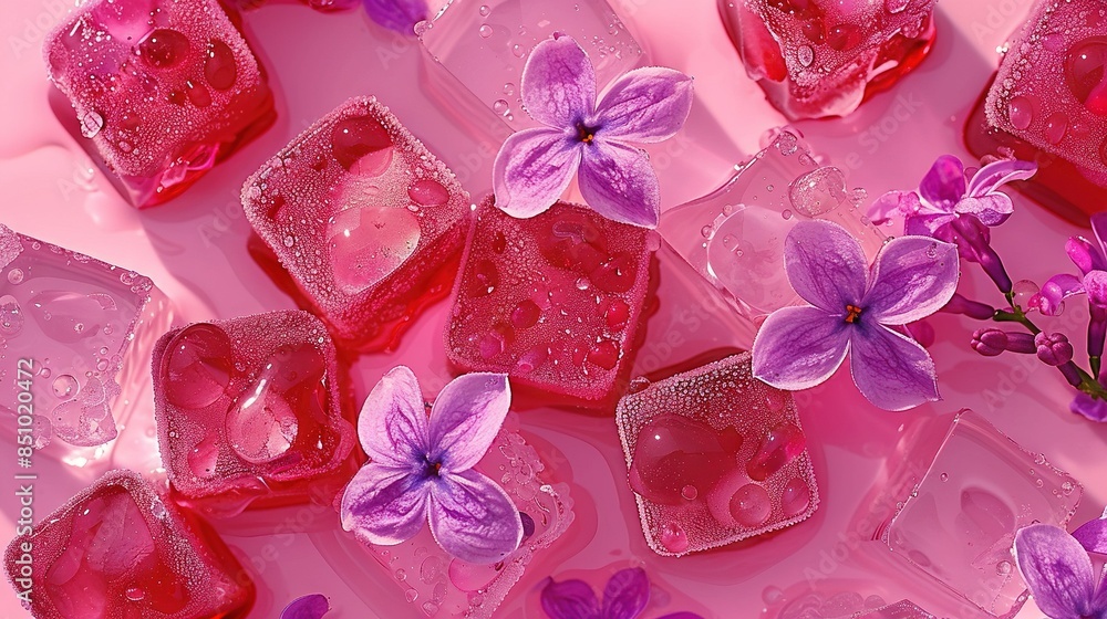 Ice Cubes with Purple Flowers and Water Droplets Ice Cubes with Purple Flowers and Water Droplets