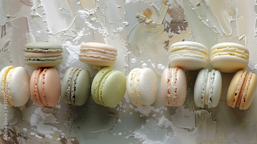 Fototapeta premium A cluster of macaroons perched on a white table beside one another on a windowsill