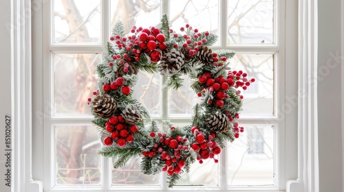 Christmas decoration festive wreath displayed on a white window © TheWaterMeloonProjec