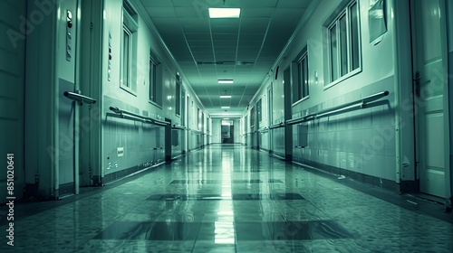 hospital hallway with long surgical bed rows. picture with a tint © Zahid