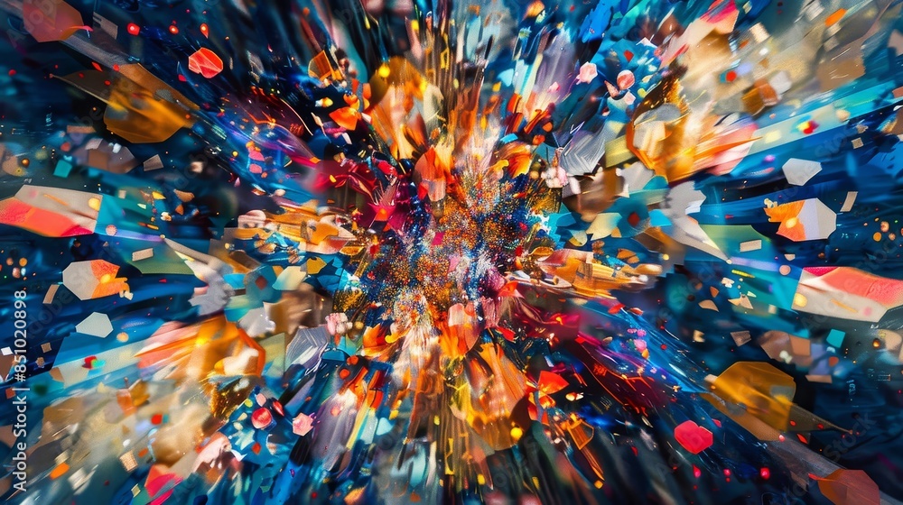 Kaleidoscopic explosion of shapes and patterns like a bustling stock market in art Kaleidoscopic explosion of shapes and patterns like a bustling stock market in art