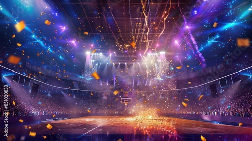 An expansive basketball court inside an arena filled with bright lights, beams, and falling confetti suggesting a celebration or a significant event
