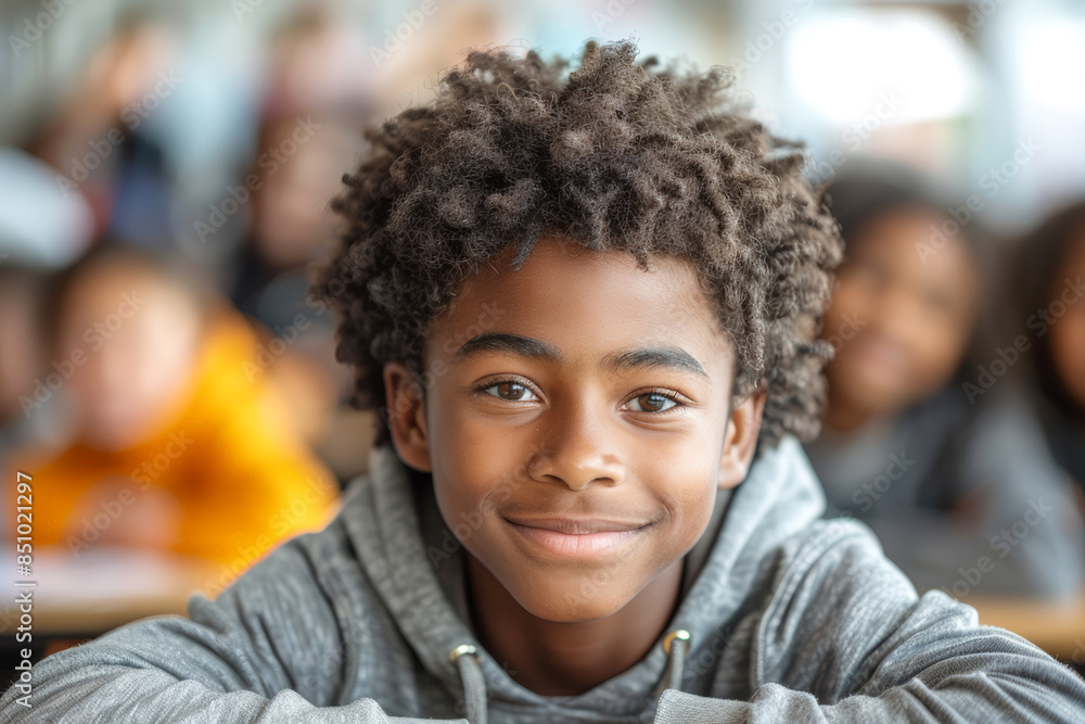 Smiling student in a classroom setting with other students in the background. Back to School. Smiling student in a classroom setting with other students in the background. Back to School.