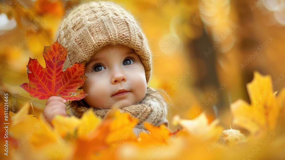 Cute baby girl happily holds a red maple leaf in a colorful autumn setting, with warm sunlight creating a golden glow, capturing the joy of childhood exploration outdoors Cute baby girl happily holds a red maple leaf in a colorful autumn setting, with warm sunlight creating a golden glow, capturing the joy of childhood exploration outdoors