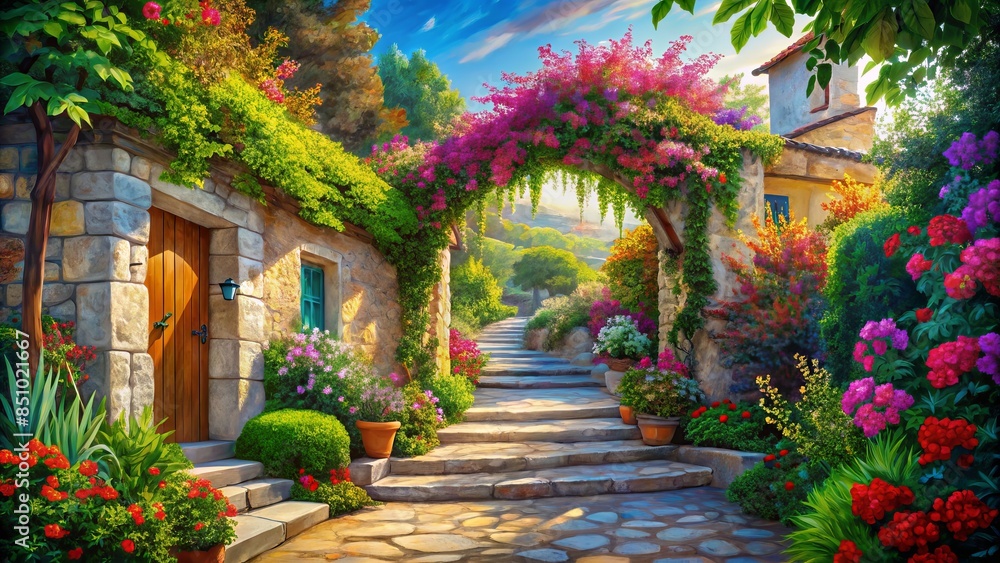 Fototapeta premium Amazingly realistic illustration of a Mediterranean garden: a wonderful backdrop for your design. 