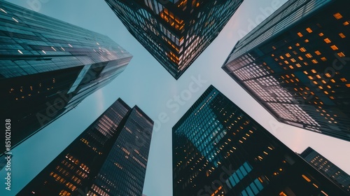 An upward perspective captures towering skyscrapers converging towards a dusky sky, creating a sense of scale and awe