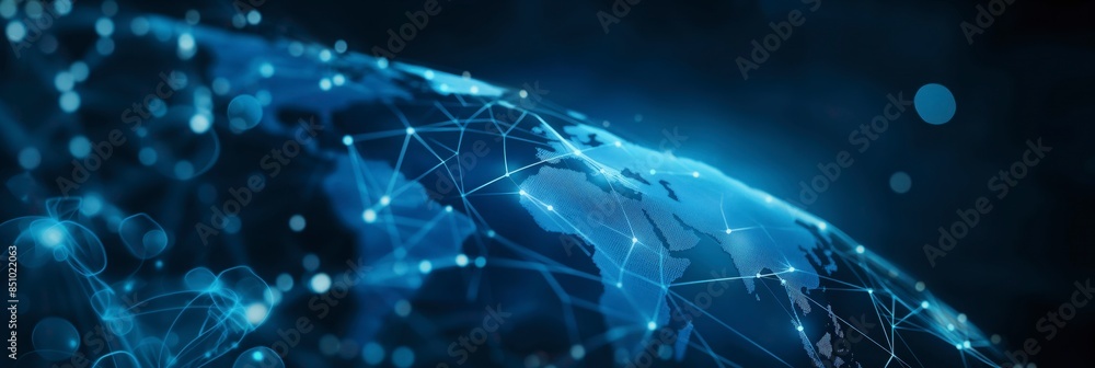 Obraz premium Abstract global network concept with blue world map and glowing connections against a dark background.