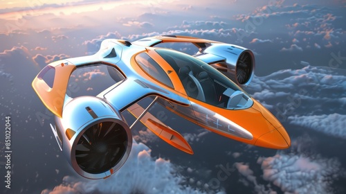 A conceptual orange and white flying car soars above the cloud layer against a backdrop of a sunset sky, representing future transportation technologies photo