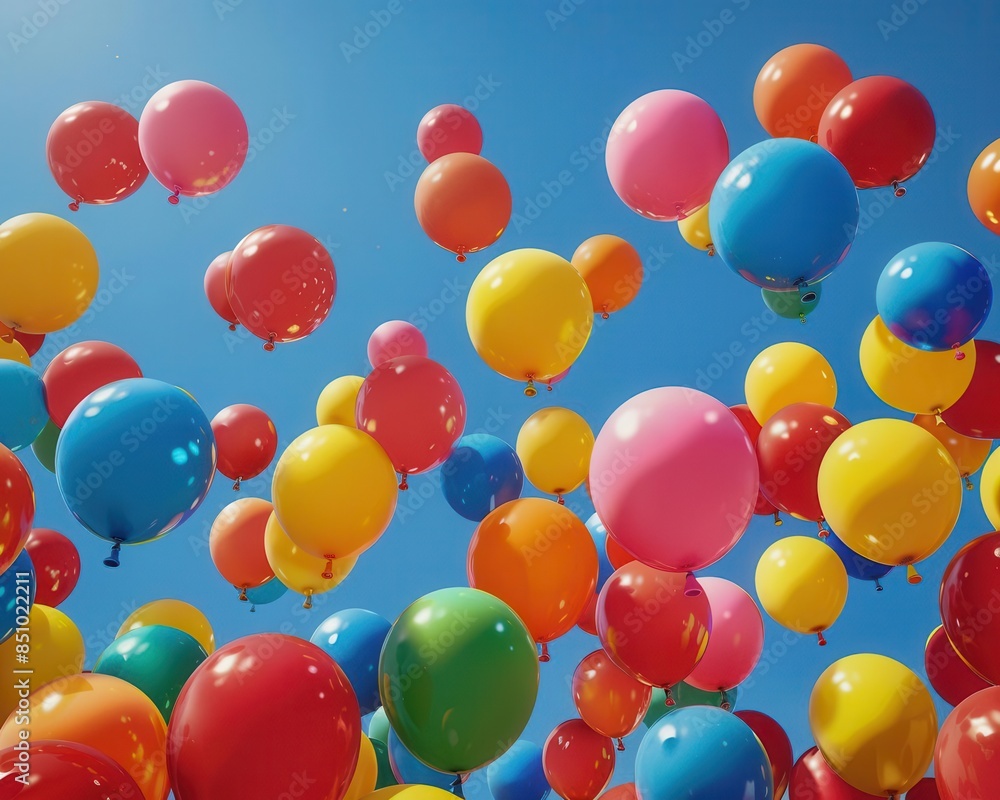 Bright and colorful balloons floating in a clear blue sky, creating a festive and joyful atmosphere, perfect for celebration themes. Bright and colorful balloons floating in a clear blue sky, creating a festive and joyful atmosphere, perfect for celebration themes.