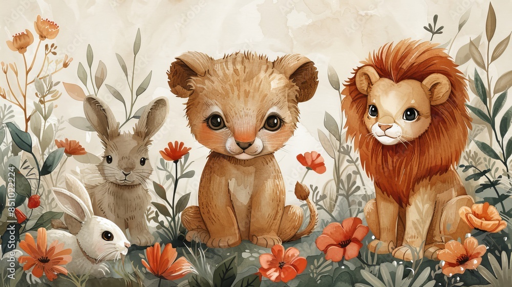 Two cute lion cubs and two bunnies sitting in a flower field Two cute lion cubs and two bunnies sitting in a flower field