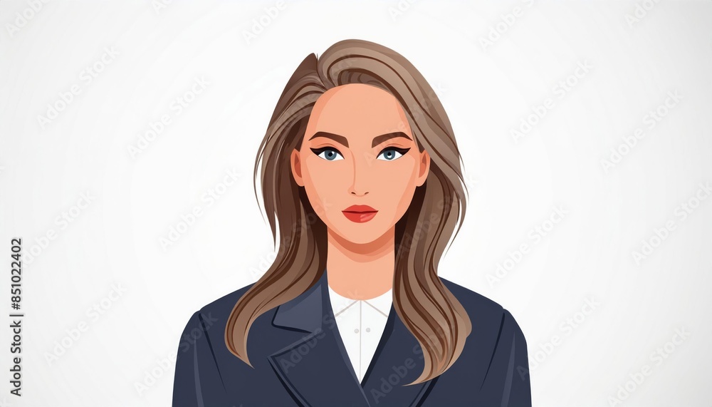 An illustration of a woman with long, flowing dark hair, red lipstick, highlighting her confident and elegant expression. An illustration of a woman with long, flowing dark hair, red lipstick, highlighting her confident and elegant expression.
