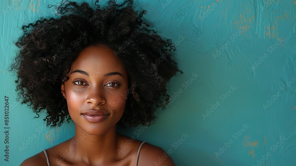 Close-up of a person with an Afro hairstyle wearing a tank top against a blue wall Close-up of a person with an Afro hairstyle wearing a tank top against a blue wall