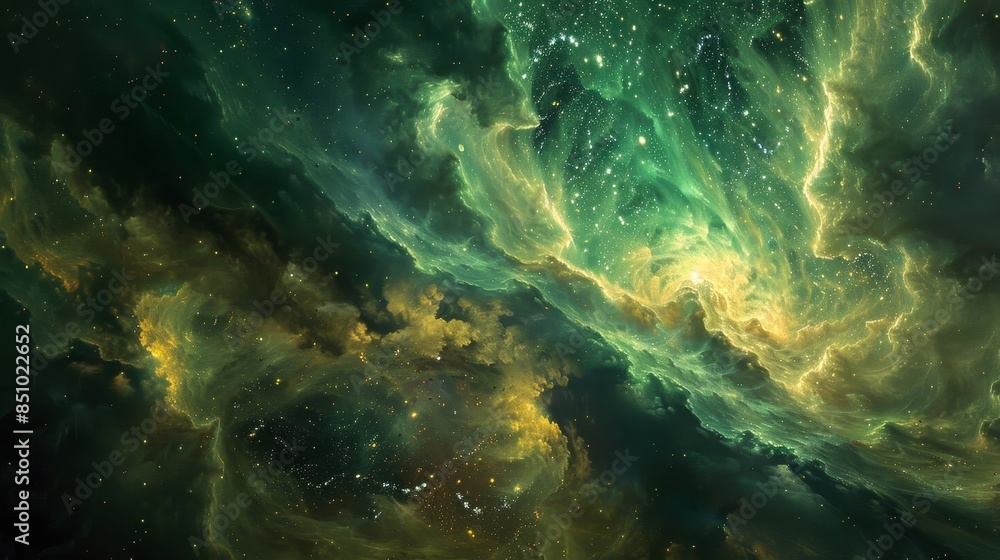 Obraz premium Nebulae and cosmic dust tinged with green and gold hinting at financial possibilities