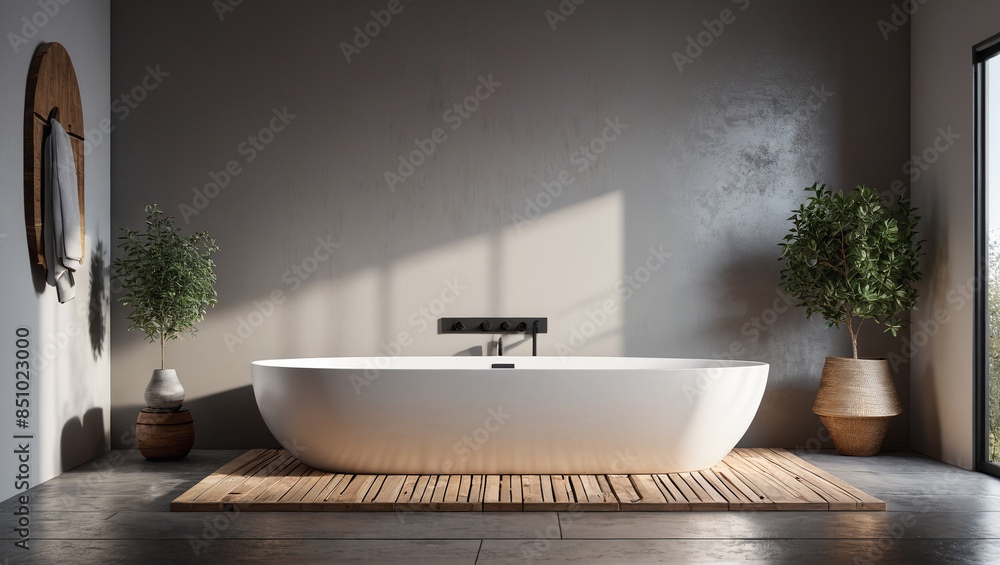 Zen Retreat: Bathroom with an Empty Wall and Natural Elements, Generative AI Zen Retreat: Bathroom with an Empty Wall and Natural Elements, Generative AI