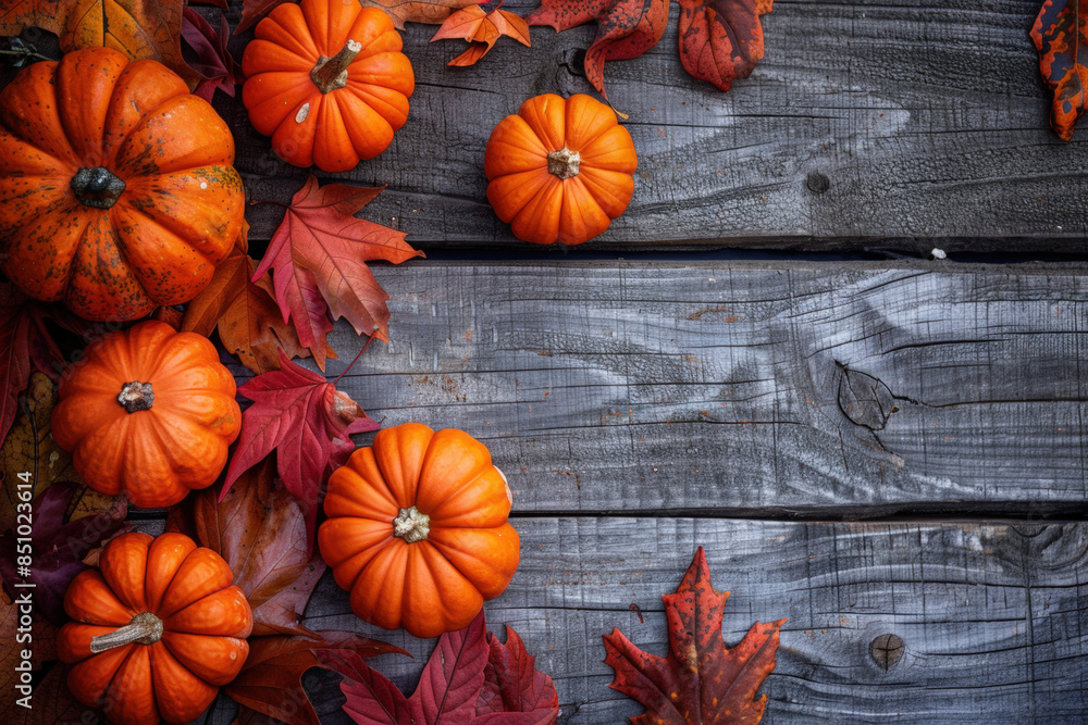Mini pumpkins and colorful fall leaves making a border on a rustic wood surface with copy space Mini pumpkins and colorful fall leaves making a border on a rustic wood surface with copy space