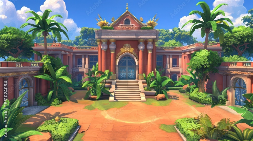 A grand mansion with lush greenery, palm trees, and a clear blue sky, exemplifying luxury and tropical elegance A grand mansion with lush greenery, palm trees, and a clear blue sky, exemplifying luxury and tropical elegance