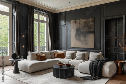 London style simple living room with black fabrics