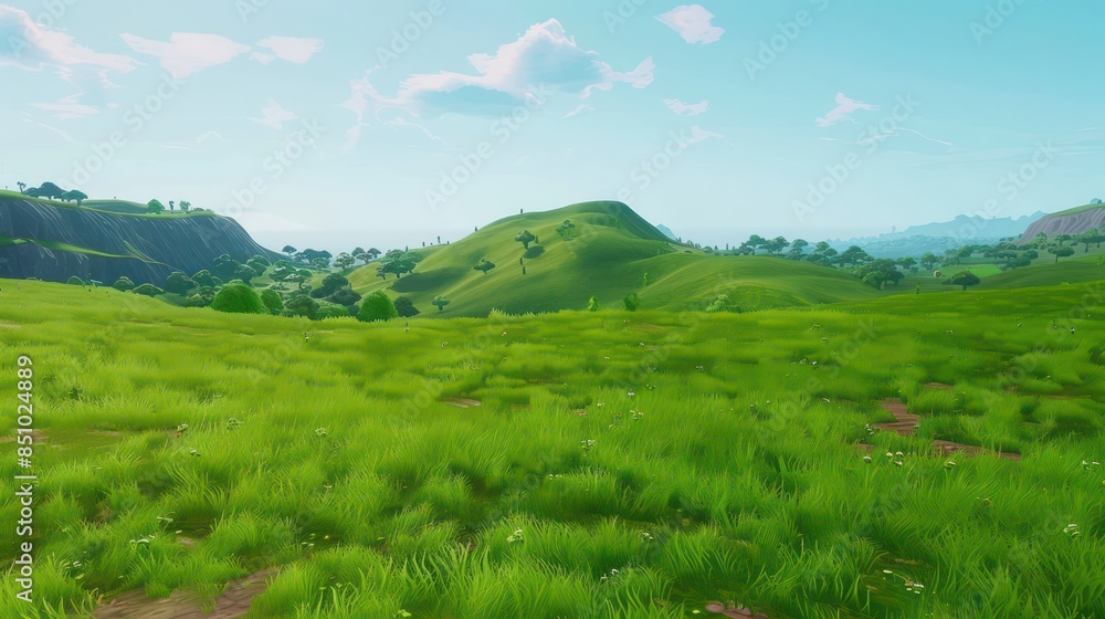 Serene and vibrant digital rendering of a lush green landscape with rolling hills under a blue sky with fluffy clouds Serene and vibrant digital rendering of a lush green landscape with rolling hills under a blue sky with fluffy clouds