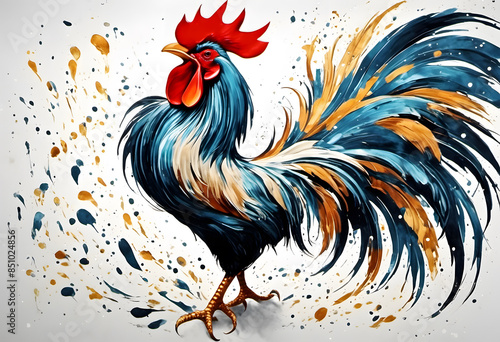A vibrant and artistic illustration of a rooster with colorful feathers, standing proudly against a white background with splashes of paint. National Chicken Month.