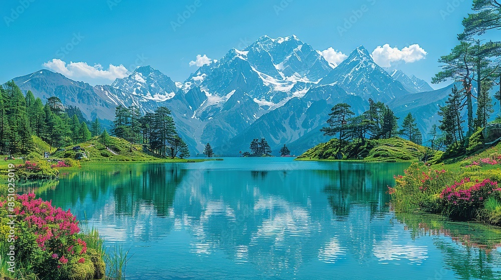 Fototapeta premium A vibrant depiction of a mountain lake surrounded by a bouquet of pink blossoms and set against the serene backdrop of a blue sky dotted with fluffy clouds