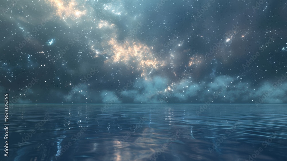 Celestial scene with glowing mist and distant constellations peaceful as night at sea Celestial scene with glowing mist and distant constellations peaceful as night at sea