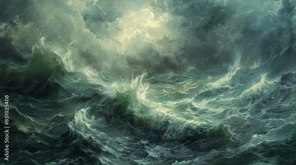 Stormy sea's raw energy captured in swirling clouds and turbulent waves Stormy sea's raw energy captured in swirling clouds and turbulent waves