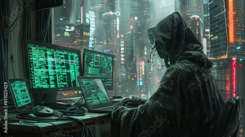 A hacker in a hoodie using multiple computer screens in a futuristic, neon-lit cityscape at night, working on codes and data.