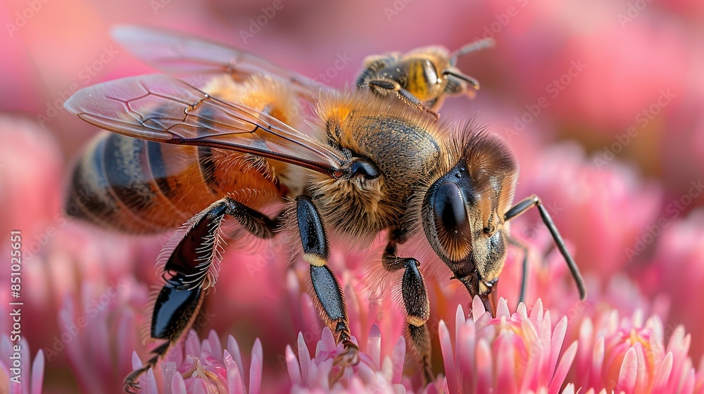 A close-up photo of a bee landing on a flower with another bee in the backdrop A close-up photo of a bee landing on a flower with another bee in the backdrop
