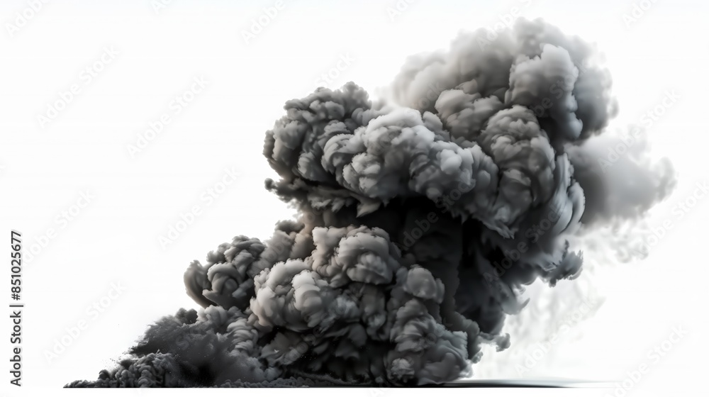 Dense black realistic smoke clouds rising against a white background, showcasing a scene with detailed textures and dramatic billowing formations, emphasizing environmental, atmospheric elements Dense black realistic smoke clouds rising against a white background, showcasing a scene with detailed textures and dramatic billowing formations, emphasizing environmental, atmospheric elements
