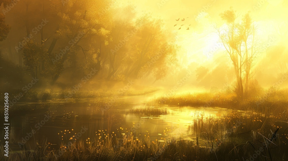 Calm oasis in chaos with mist and serene landscape bathed in soft golden light