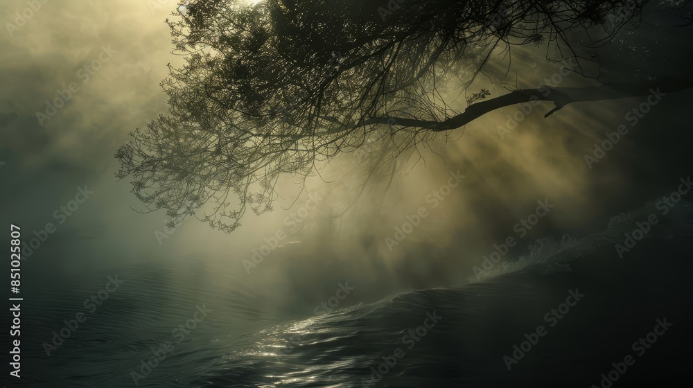 Mist and light tendrils curl evoking serene misty morning by the sea Mist and light tendrils curl evoking serene misty morning by the sea