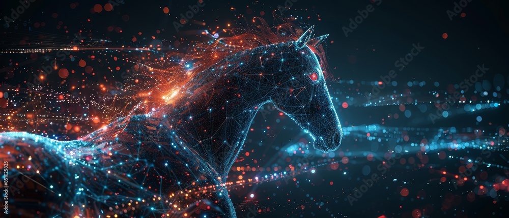 A stunning digital art portrayal of a horse, featuring vibrant, glowing lines, showcasing the beauty of technology intersecting with nature. A stunning digital art portrayal of a horse, featuring vibrant, glowing lines, showcasing the beauty of technology intersecting with nature.