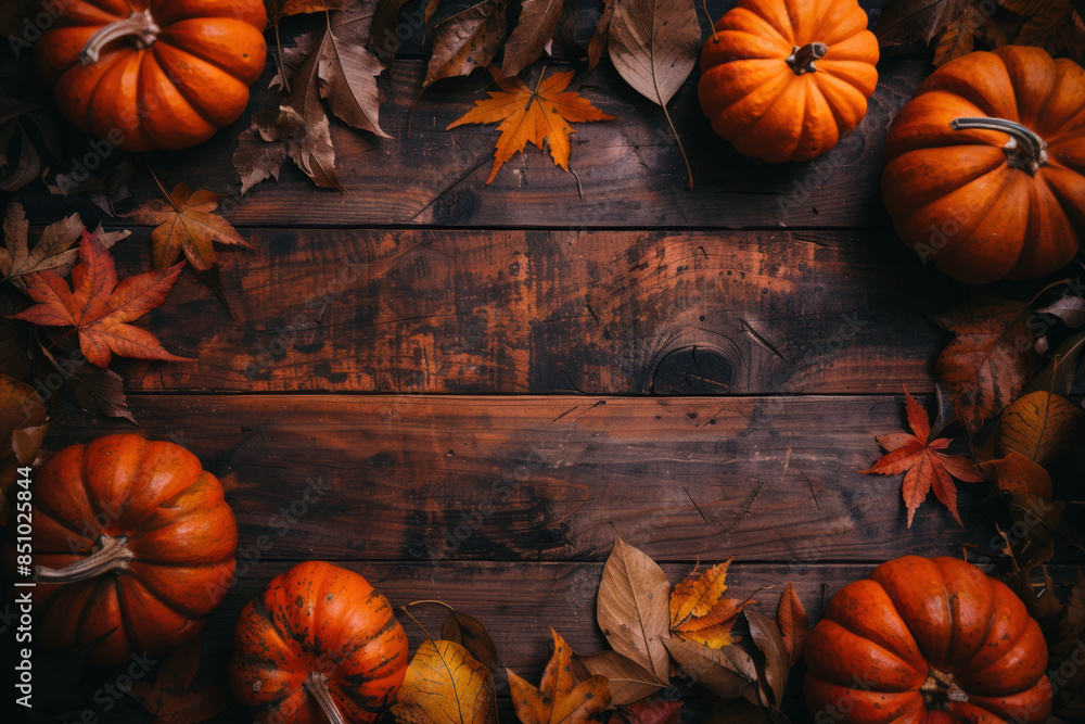 Festive arrangement of pumpkins and colorful fall leaves creating a warm and inviting border on a rustic wooden table Festive arrangement of pumpkins and colorful fall leaves creating a warm and inviting border on a rustic wooden table
