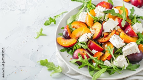 Gourmet fruit salad featuring arugula, ripe plums, nectarines, and creamy soft cheese on a bright, light background, bursting with color and flavor © JP STUDIO LAB