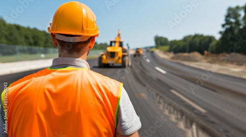 Highway construction under engineer's watch, safety vest and helmet on, machinery at work, blue sky setting, evident development, seen from behind