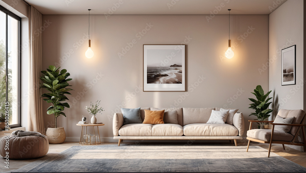Fototapeta premium Modern Serenity: Relaxation Room with a Bare Wall and Neutral Tones, Generative AI