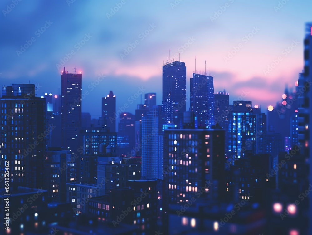 Stadt bei Dämmerung mit blauen und rosa Lichtern Stadt bei Dämmerung mit blauen und rosa Lichtern